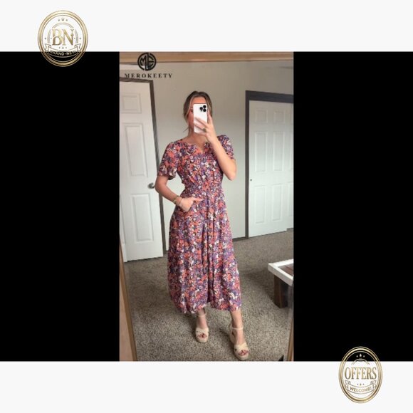 Viscose Maxi Dress with V-Neck Short Sleeves and Pockets - Picture 7 of 7